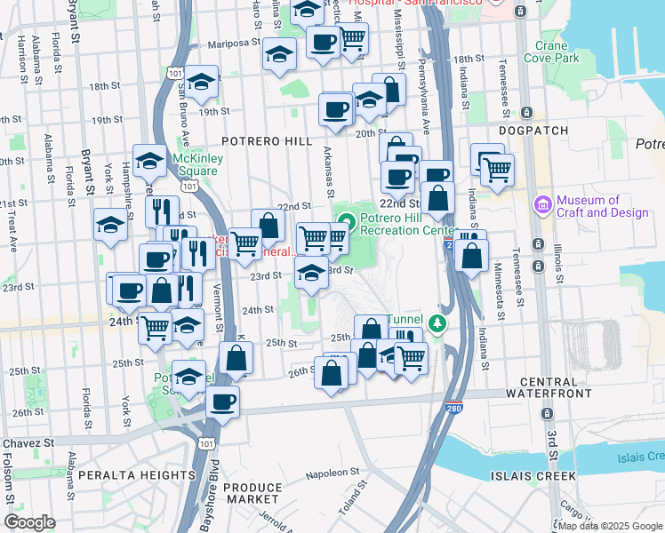 map of restaurants, bars, coffee shops, grocery stores, and more near 999 Wisconsin Street in San Francisco