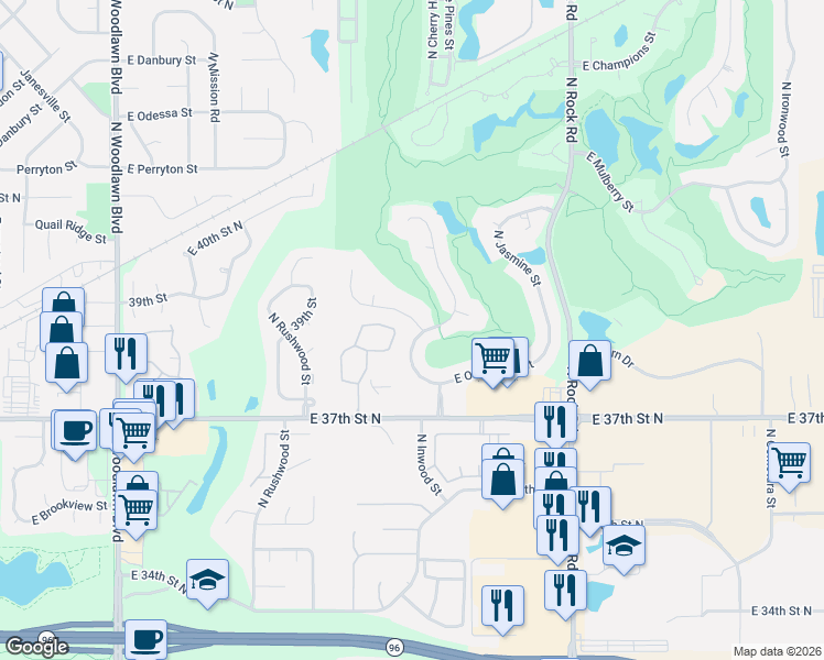 map of restaurants, bars, coffee shops, grocery stores, and more near 7417 East Cedaridge Circle in Wichita
