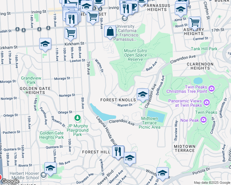 map of restaurants, bars, coffee shops, grocery stores, and more near 41 Lake Forest Court in San Francisco