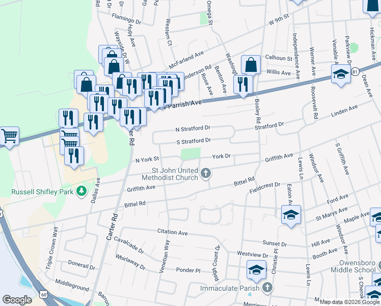 map of restaurants, bars, coffee shops, grocery stores, and more near 2201 York Drive in Owensboro