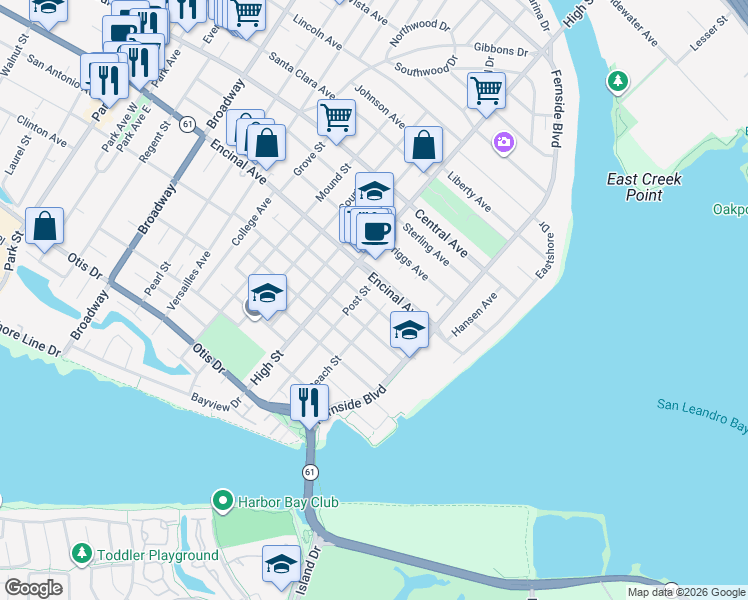 map of restaurants, bars, coffee shops, grocery stores, and more near 3233 Madison Street in Alameda