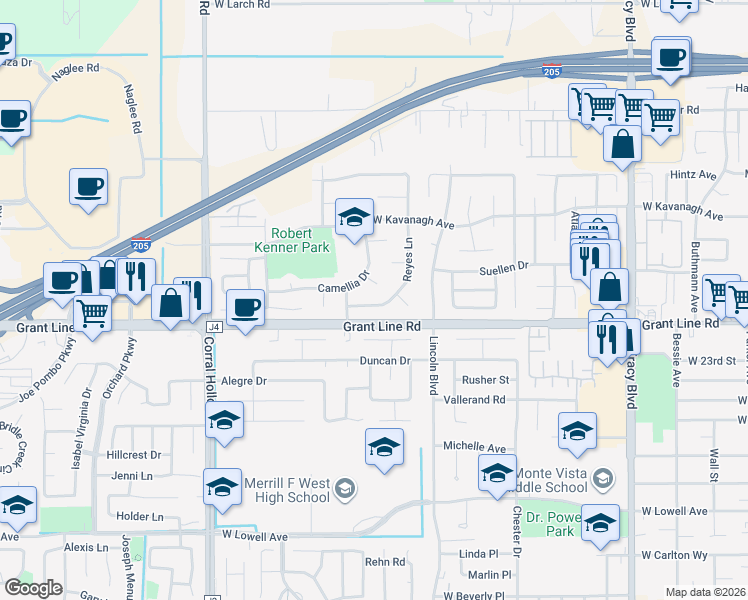 map of restaurants, bars, coffee shops, grocery stores, and more near 1665 Reyes Lane in Tracy