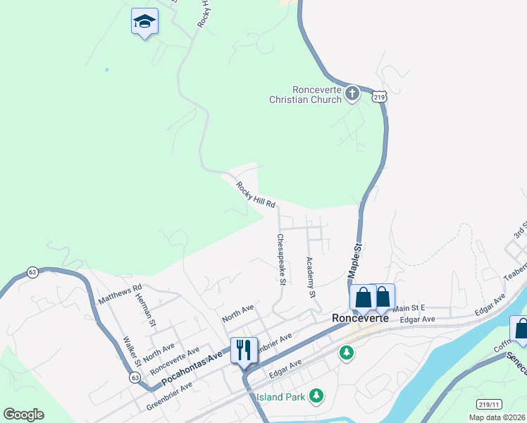 map of restaurants, bars, coffee shops, grocery stores, and more near 173 Rocky Hill Road in Ronceverte