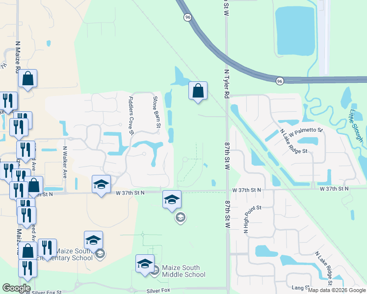 map of restaurants, bars, coffee shops, grocery stores, and more near 3916 Lily Circle in Maize