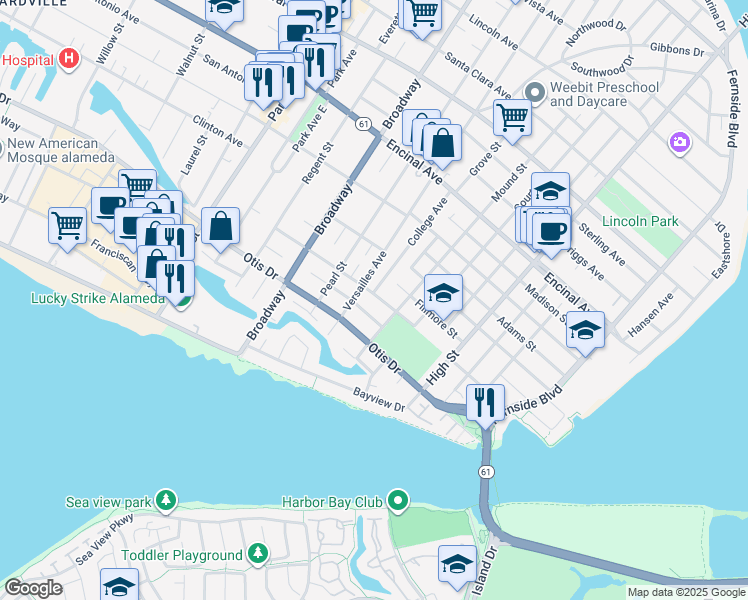 map of restaurants, bars, coffee shops, grocery stores, and more near 2814 Calhoun Street in Alameda