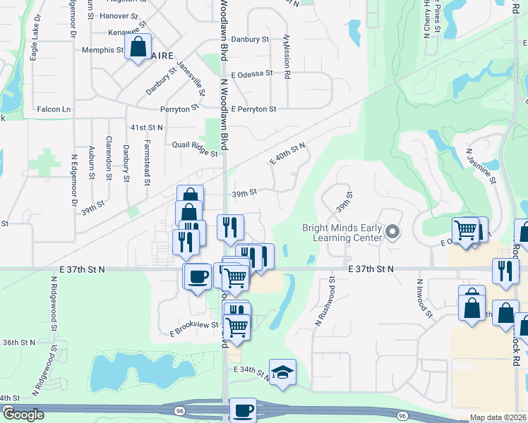 map of restaurants, bars, coffee shops, grocery stores, and more near 34 North Lansdown Street in Wichita