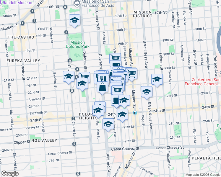 map of restaurants, bars, coffee shops, grocery stores, and more near 3345 22nd Street in San Francisco