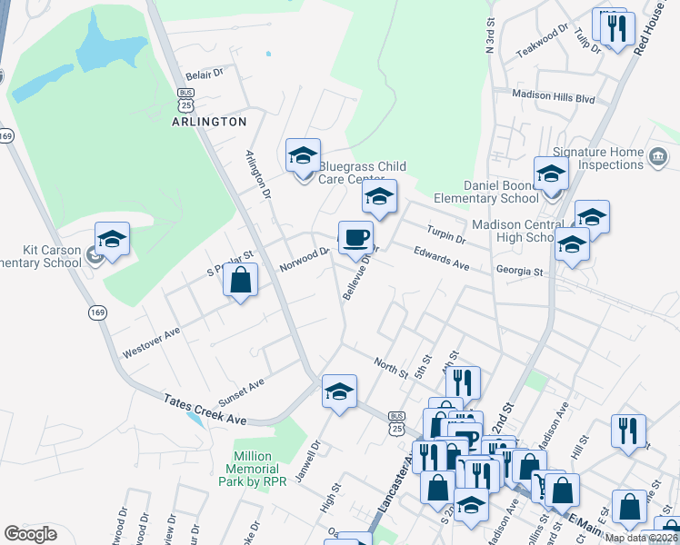 map of restaurants, bars, coffee shops, grocery stores, and more near 313 Norwood Drive in Richmond