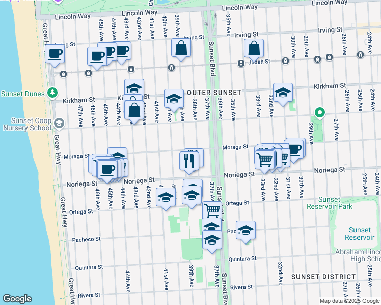 map of restaurants, bars, coffee shops, grocery stores, and more near 3231 Moraga Street in San Francisco