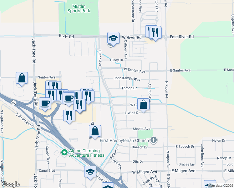 map of restaurants, bars, coffee shops, grocery stores, and more near 621 Bouma Lane in Ripon