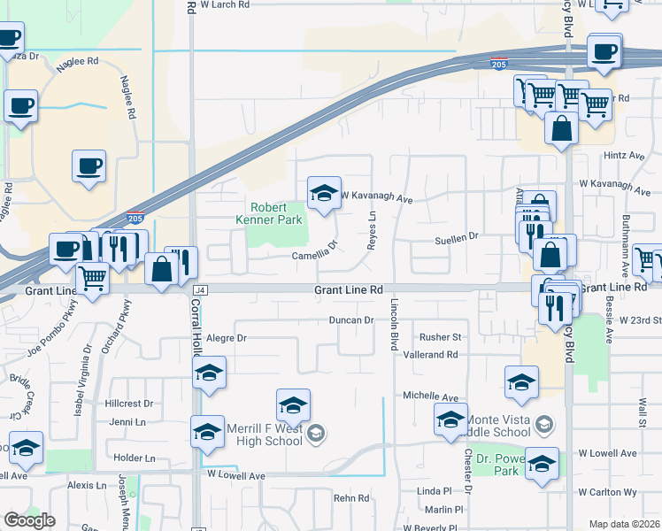 map of restaurants, bars, coffee shops, grocery stores, and more near 1665 Reyes Lane in Tracy