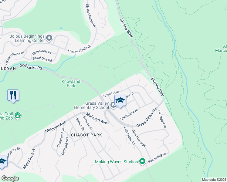 map of restaurants, bars, coffee shops, grocery stores, and more near 4725 Scotia Avenue in Oakland