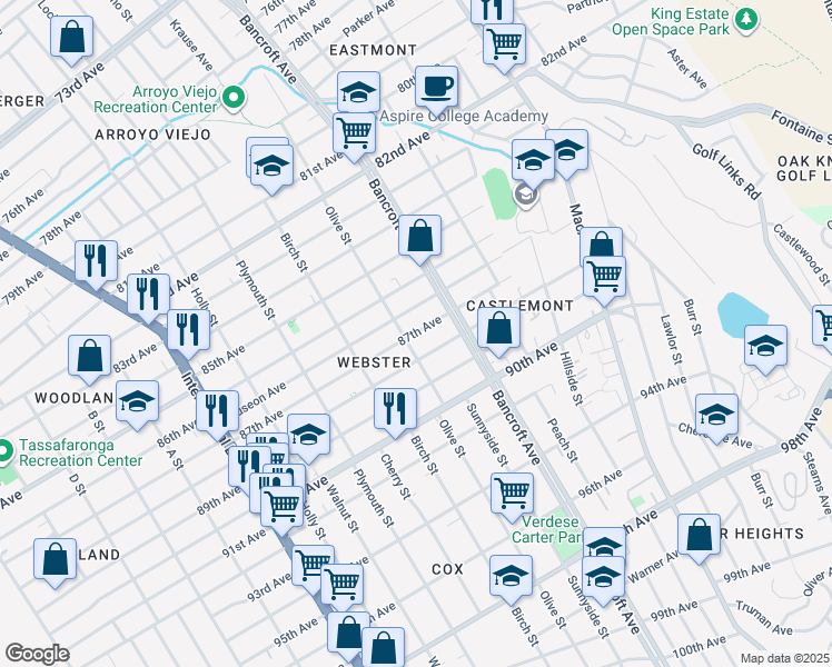 map of restaurants, bars, coffee shops, grocery stores, and more near 2001 87th Avenue in Oakland
