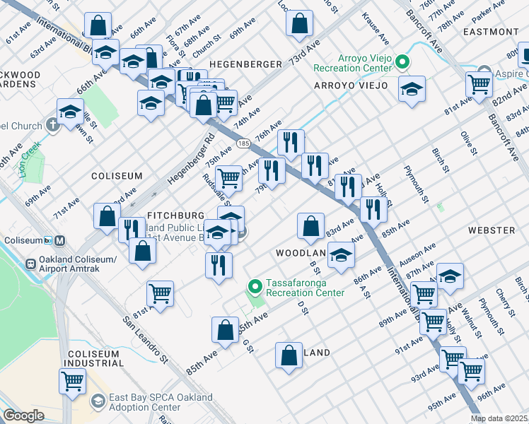 map of restaurants, bars, coffee shops, grocery stores, and more near 1234 80th Avenue in Oakland