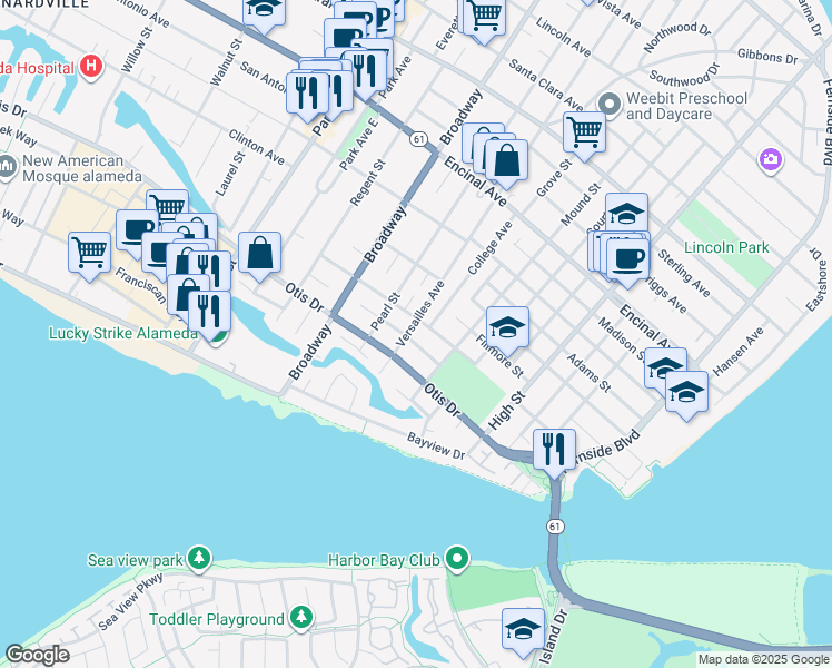 map of restaurants, bars, coffee shops, grocery stores, and more near 2814 Calhoun Street in Alameda