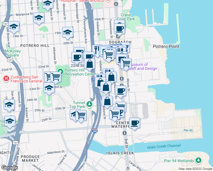 map of restaurants, bars, coffee shops, grocery stores, and more near 1200 Indiana Street in San Francisco