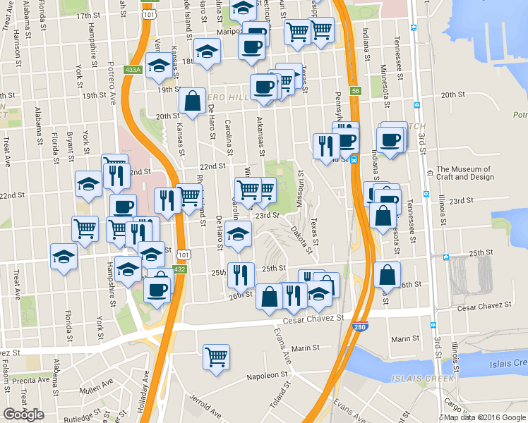 map of restaurants, bars, coffee shops, grocery stores, and more near 999 Wisconsin Street in San Francisco