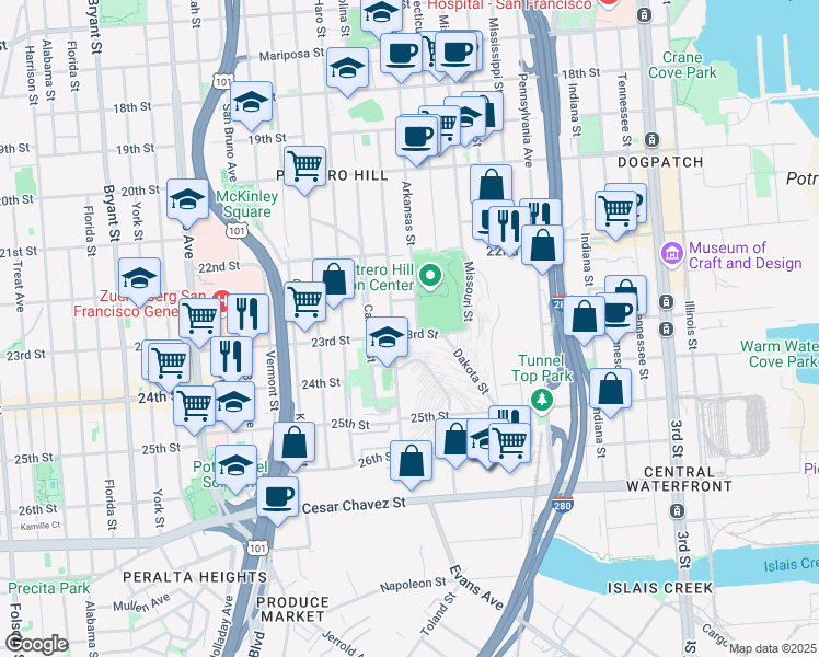 map of restaurants, bars, coffee shops, grocery stores, and more near 999 Wisconsin Street in San Francisco