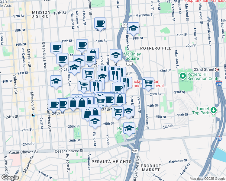 map of restaurants, bars, coffee shops, grocery stores, and more near 1075 Hampshire Street in San Francisco