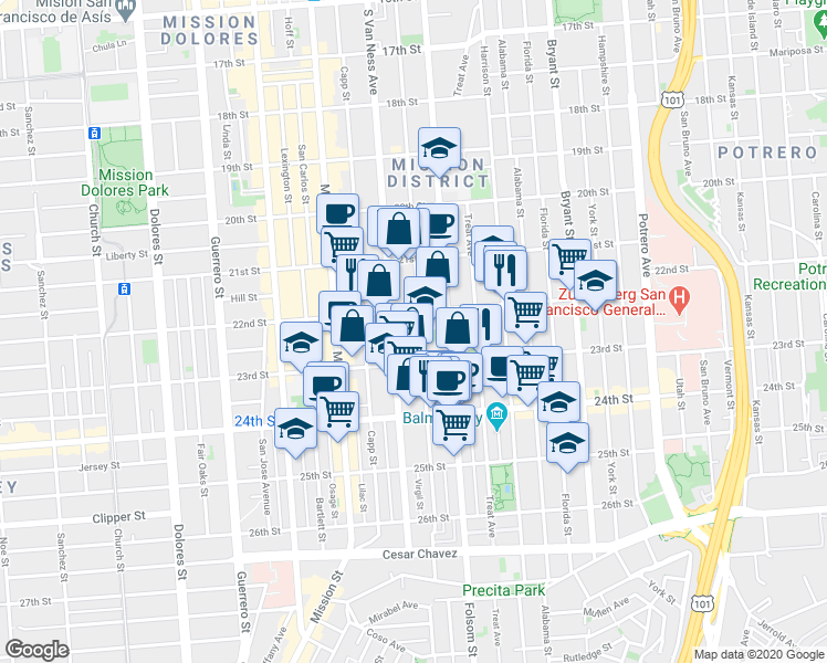 map of restaurants, bars, coffee shops, grocery stores, and more near 825 Shotwell Street in San Francisco