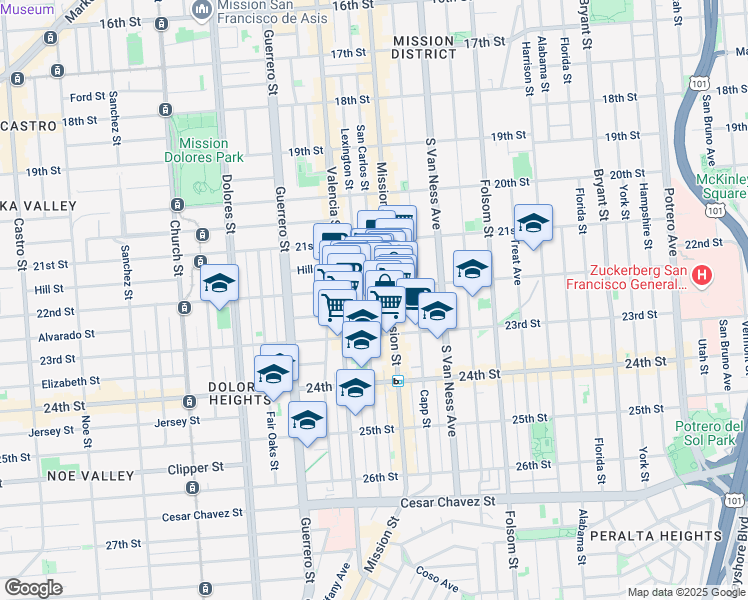 map of restaurants, bars, coffee shops, grocery stores, and more near 105-109 Bartlett Street in San Francisco