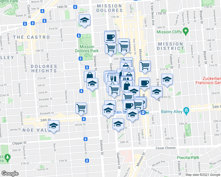 map of restaurants, bars, coffee shops, grocery stores, and more near 3433 22nd Street in San Francisco