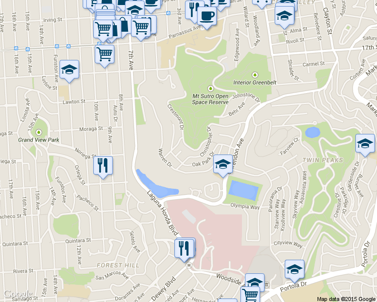map of restaurants, bars, coffee shops, grocery stores, and more near 101 Crestmont Drive in San Francisco
