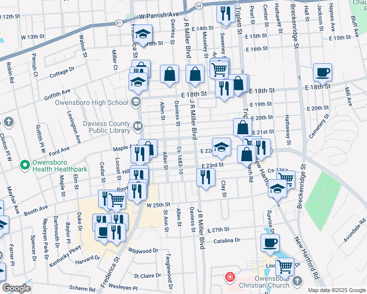 map of restaurants, bars, coffee shops, grocery stores, and more near 2119 Daviess Street in Owensboro