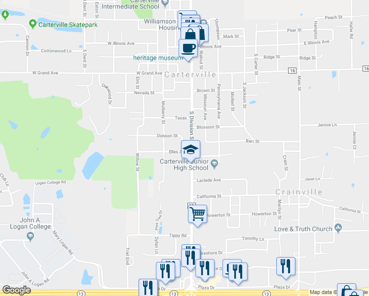 map of restaurants, bars, coffee shops, grocery stores, and more near 100 Elles Avenue in Carterville