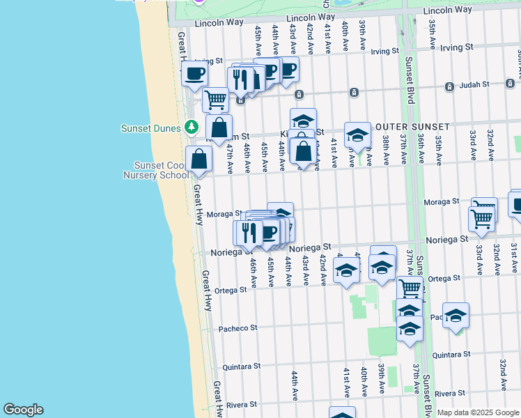 map of restaurants, bars, coffee shops, grocery stores, and more near 3922 Moraga Street in San Francisco