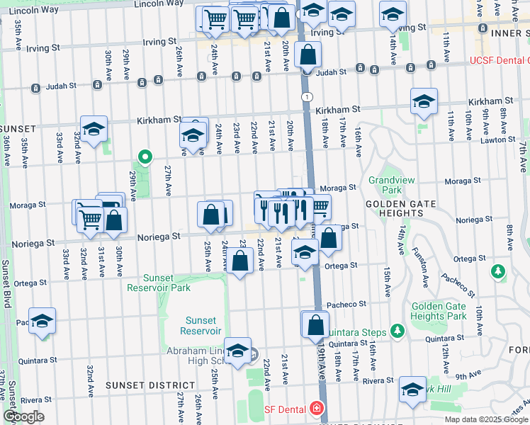 map of restaurants, bars, coffee shops, grocery stores, and more near 1750 22nd Ave in San Francisco