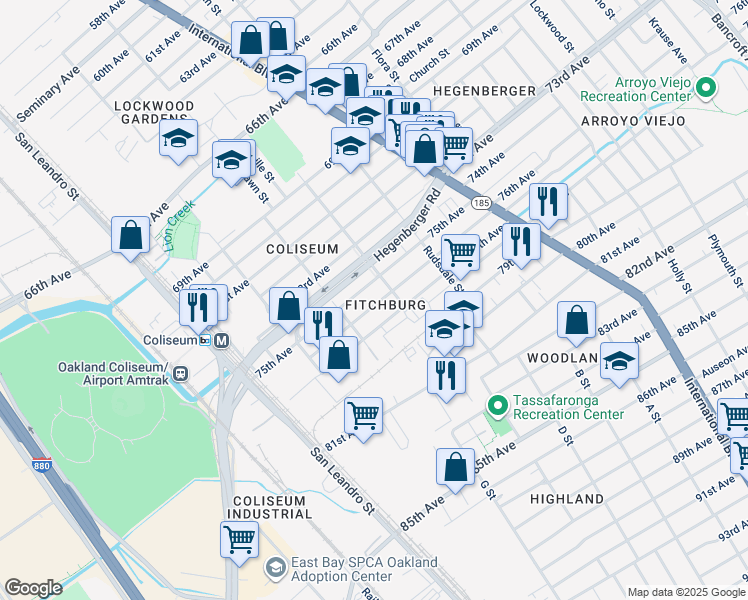 map of restaurants, bars, coffee shops, grocery stores, and more near 1057 76th Avenue in Oakland