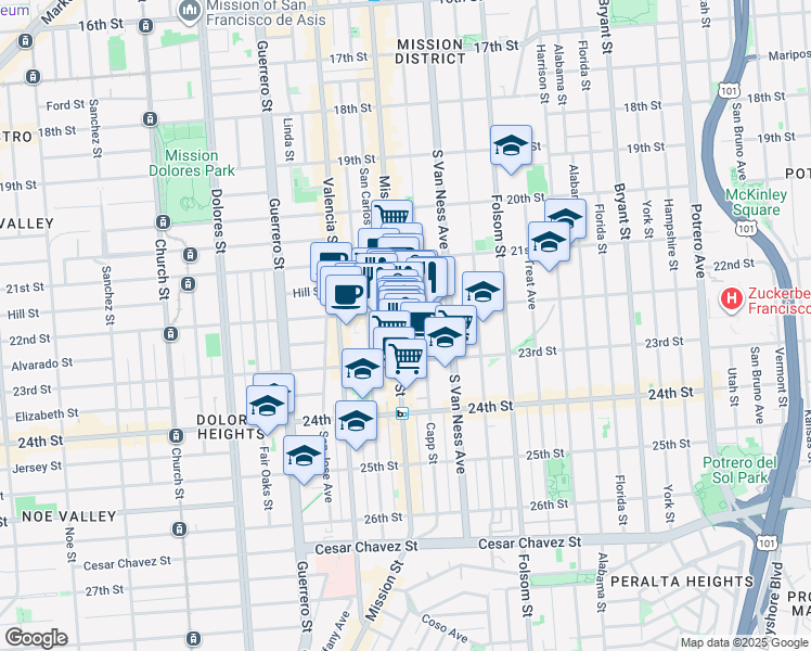 map of restaurants, bars, coffee shops, grocery stores, and more near 2619 Mission Street in San Francisco