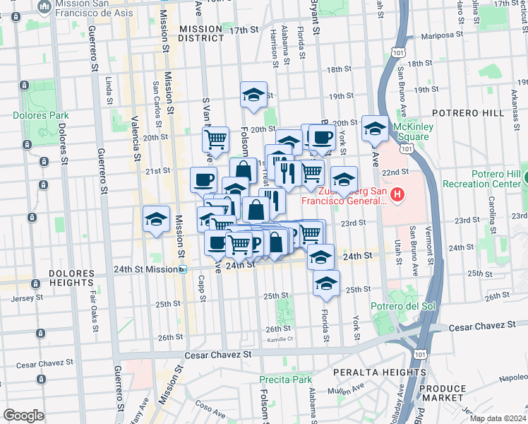 map of restaurants, bars, coffee shops, grocery stores, and more near 944 Treat Avenue in San Francisco