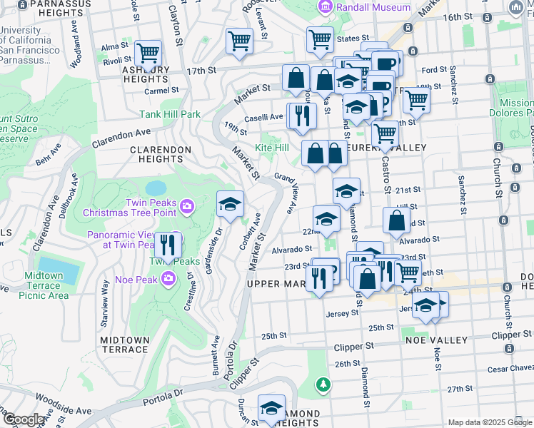 map of restaurants, bars, coffee shops, grocery stores, and more near 3678 Market Street in San Francisco