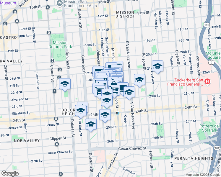 map of restaurants, bars, coffee shops, grocery stores, and more near 105-109 Bartlett Street in San Francisco