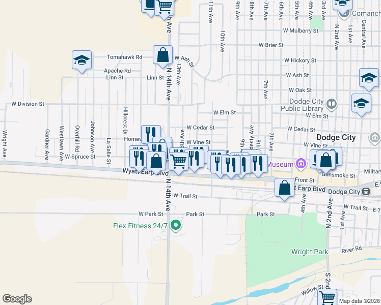 map of restaurants, bars, coffee shops, grocery stores, and more near 700-798 12th Avenue in Dodge City