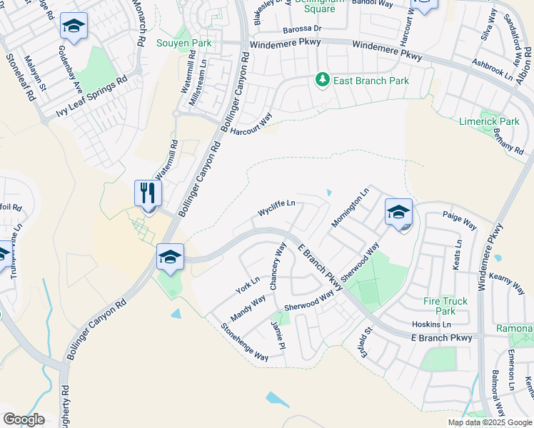 map of restaurants, bars, coffee shops, grocery stores, and more near 1872 Wycliffe Lane in San Ramon
