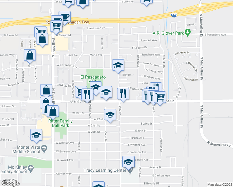 map of restaurants, bars, coffee shops, grocery stores, and more near 2501 Holly Drive in Tracy