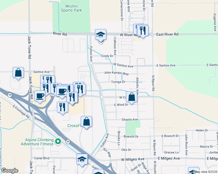 map of restaurants, bars, coffee shops, grocery stores, and more near 621 Bouma Lane in Ripon