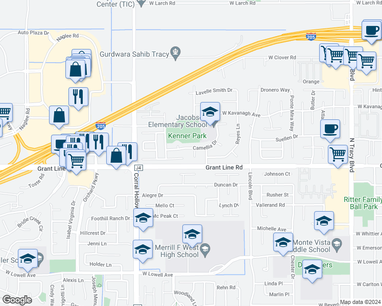 map of restaurants, bars, coffee shops, grocery stores, and more near 2525 Alzira Court in Tracy