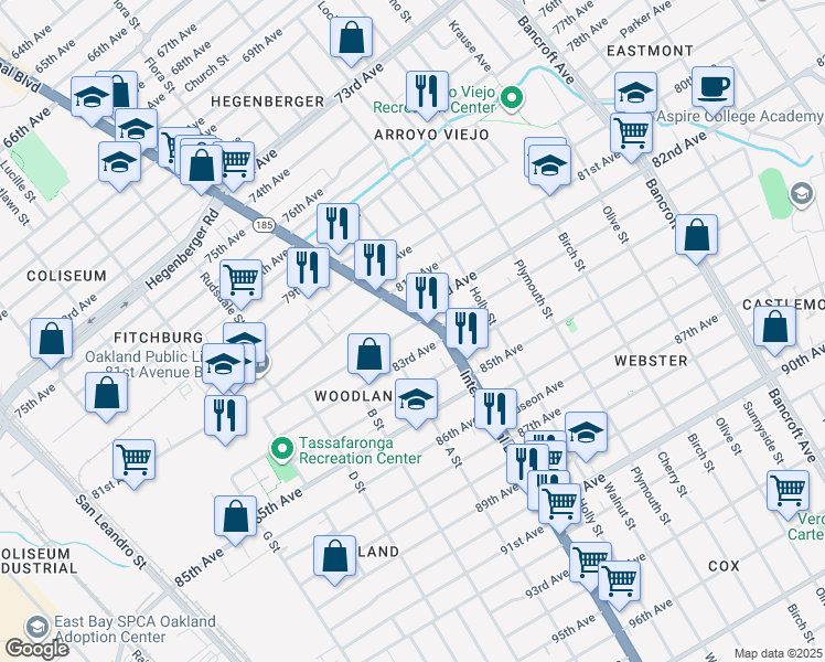 map of restaurants, bars, coffee shops, grocery stores, and more near 1344 82nd Avenue in Oakland