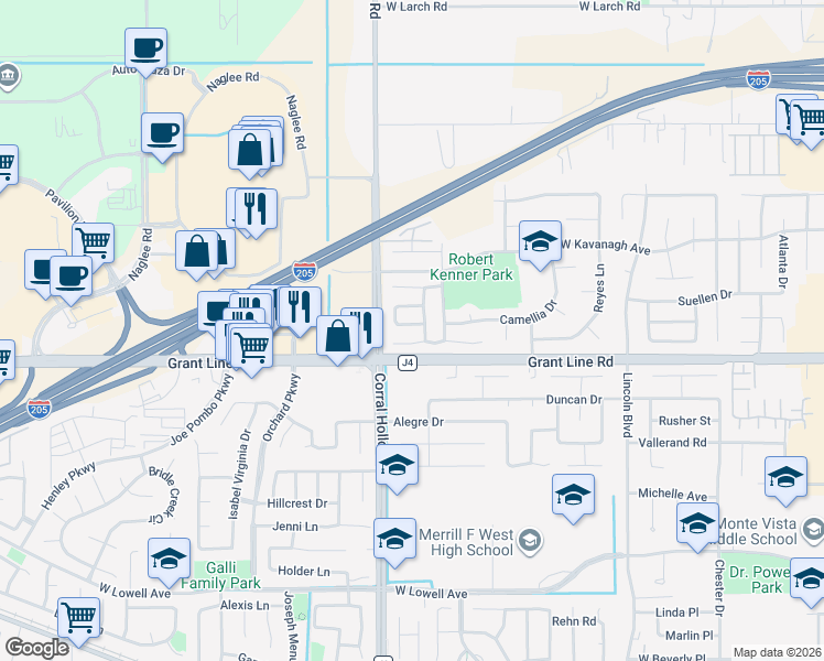 map of restaurants, bars, coffee shops, grocery stores, and more near 1946 Cactus Street in Tracy