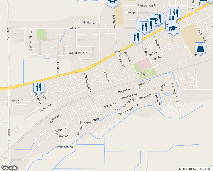 map of restaurants, bars, coffee shops, grocery stores, and more near 1833 West J Street in Oakdale