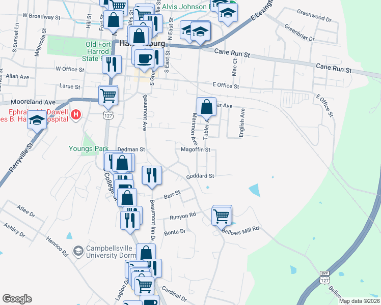 map of restaurants, bars, coffee shops, grocery stores, and more near 402 Magoffin Street in Harrodsburg