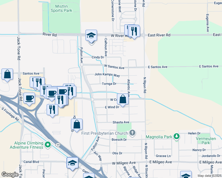 map of restaurants, bars, coffee shops, grocery stores, and more near 473 Poelstra Court in Ripon