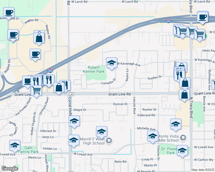 map of restaurants, bars, coffee shops, grocery stores, and more near 2525 Travao Lane in Tracy
