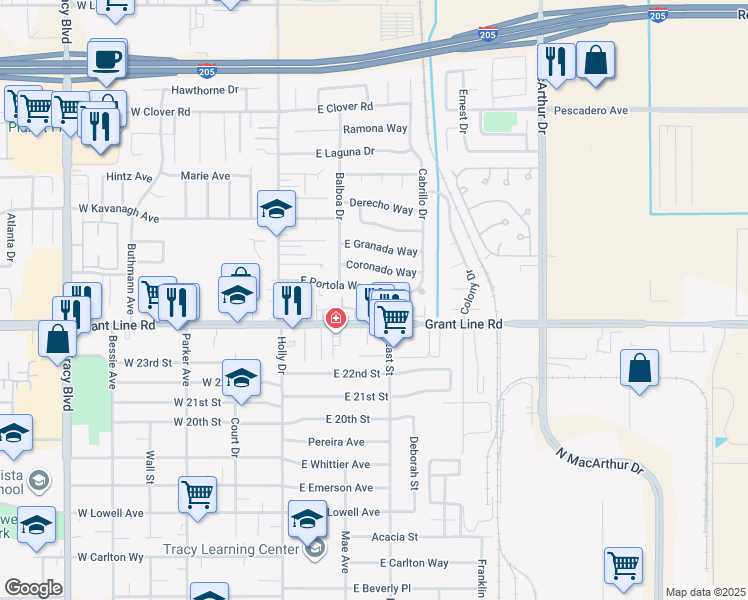 map of restaurants, bars, coffee shops, grocery stores, and more near 230 Portola Way in Tracy