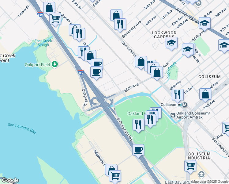 map of restaurants, bars, coffee shops, grocery stores, and more near 555 66th Avenue in Oakland