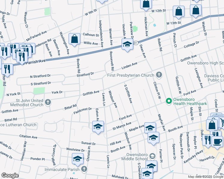 map of restaurants, bars, coffee shops, grocery stores, and more near 1644 Griffith Avenue in Owensboro